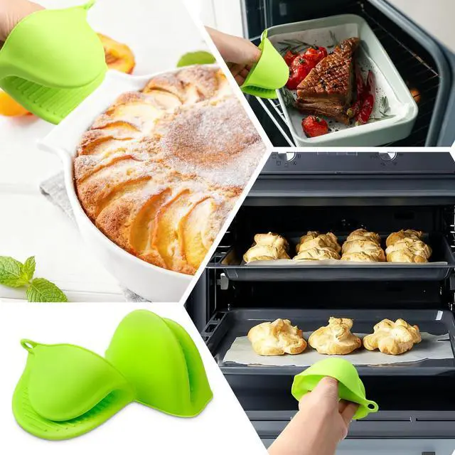 Alt view image 6 of 6 - 2PCS Silicone Oven Mitts - Heat Resistant Thick Potholders for Kitchen - Non-Slip Rubber Oven Glove Kitchen Mittens - Cute Pot Holders for Grill, Pizza Stone, Air Fryer, Dishwasher Safe Green