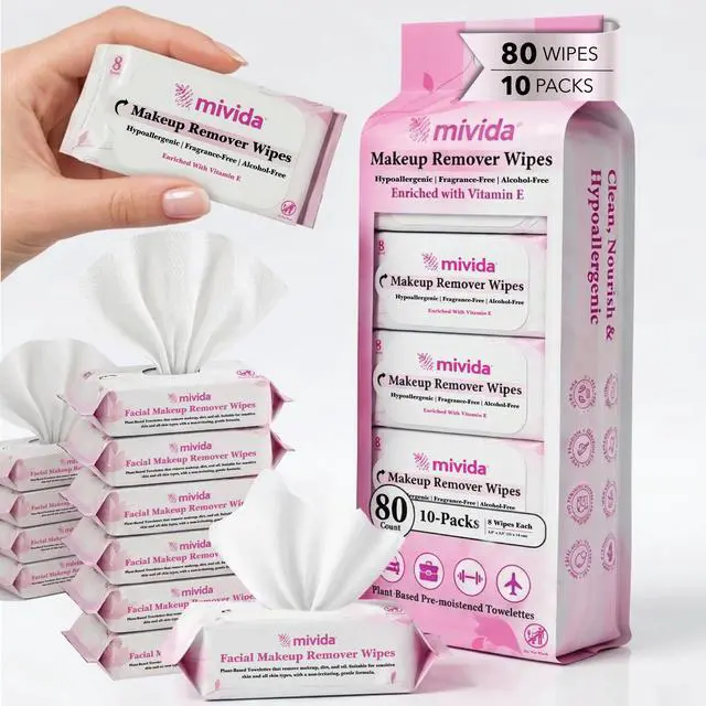 Main image of Hypoallergenic Mini Makeup Remover Wipes Travel Size With Vitamin E, 80ct (8×10), Dermatologist Tested & Clinically Tested Makeup Wipes, 10 Packs
