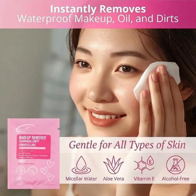 Alt view image 2 of 7 - Pink Micellar Makeup Remover Wipes - 25ct Individually Wrapped Travel Size Facial Cleansing Wipes with Vitamin E, Gentle Face Wipes for Sensitive Skin, Gift for Women & Girls