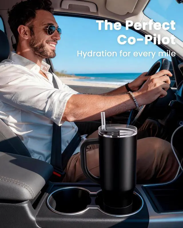 Alt view image 2 of 7 - Insulated Mug 100% Spill Resistant Insulated Water Bottle for Iced Coffee & Hot Drinks - Fits Car Cup Holder, Ideal Gift, 2 Straws & Silicone Boot - FlexSlide White 32 oz