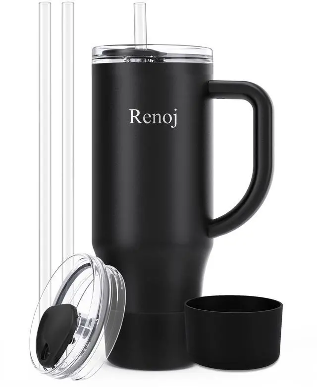 Main image of Insulated Mug 100% Spill Resistant Insulated Water Bottle for Iced Coffee & Hot Drinks - Fits Car Cup Holder, Ideal Gift, 2 Straws & Silicone Boot - FlexSlide White 32 oz