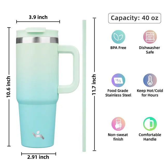 Alt view image 4 of 7 - 40 oz Tumbler with Handle and 2 Straws,2 in 1 Lid Insulated Water Bottle Stainless Steel Travel Coffee Mug,Mint