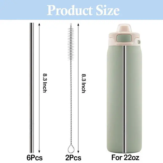 Alt view image 2 of 7 - Metal Straws Replacement for Ello Pop & Fill 22 oz Accessories, 6 PCS Reusable Stainless Steel Straw with 2 Cleaning Brush, Compatible with Ello Water Bottle