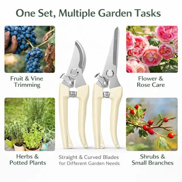 Alt view image 7 of 7 - Pruning Shears,2Pcs Pruning Shears for Gardening,Professional Garden Shears for Flowers, Bonsai and Fruits Picking (1pc Straight & 1pc Curved)