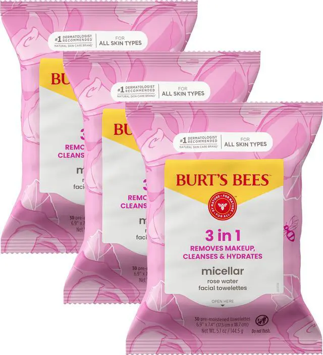 Main image of Micellar Rose Water Facial Towelettes, 100% Plant Based Cloth; 99% Natural Origin; Remove Makeup, Cleanse, Hydrate; No Greasy, Oily Residue; All Skin Types; 30 Ct, Pack of 3 (Pack May Vary)