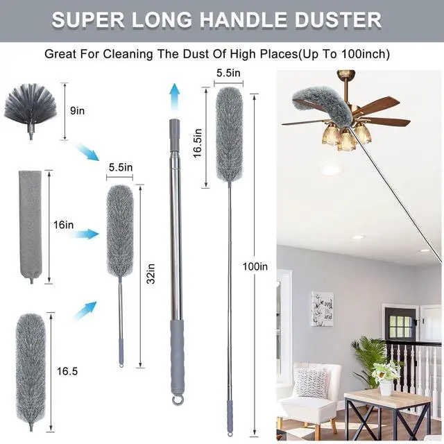 Alt view image 2 of 7 - 100" Microfiber Feather Dusters for Cleaning, Cobweb Duster with Extension Pole, Spider Web Brush & Ceiling Cleaning Tools, Dust Remover Set for Cleaning High Ceilings, Furniture, Ceiling Fan, Blinds