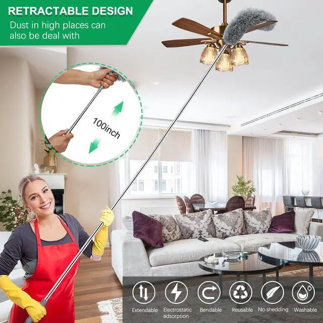 Alt view image 3 of 7 - 100" Microfiber Feather Dusters for Cleaning, Cobweb Duster with Extension Pole, Spider Web Brush & Ceiling Cleaning Tools, Dust Remover Set for Cleaning High Ceilings, Furniture, Ceiling Fan, Blinds