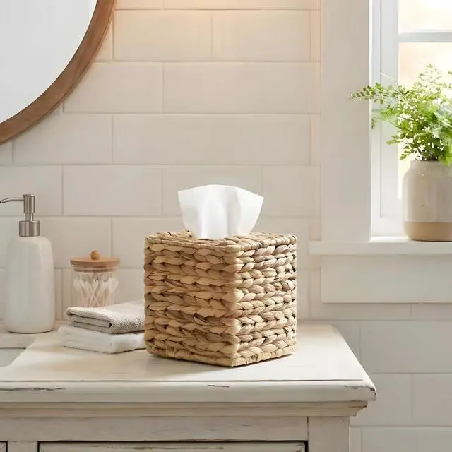 Alt view image 2 of 7 - Tissue Box Cover, Square Wicker Tissue Box Holder Facial Tissues Boxes, Hand Woven Napkin Box Tissue Holder for Bathroom Bedroom Office Table Desk Night Stand, Boho Decorative, Natural
