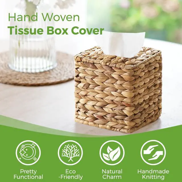 Alt view image 3 of 7 - Tissue Box Cover, Square Wicker Tissue Box Holder Facial Tissues Boxes, Hand Woven Napkin Box Tissue Holder for Bathroom Bedroom Office Table Desk Night Stand, Boho Decorative, Natural
