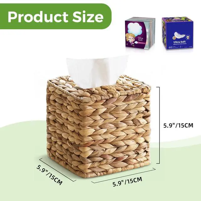 Alt view image 4 of 7 - Tissue Box Cover, Square Wicker Tissue Box Holder Facial Tissues Boxes, Hand Woven Napkin Box Tissue Holder for Bathroom Bedroom Office Table Desk Night Stand, Boho Decorative, Natural