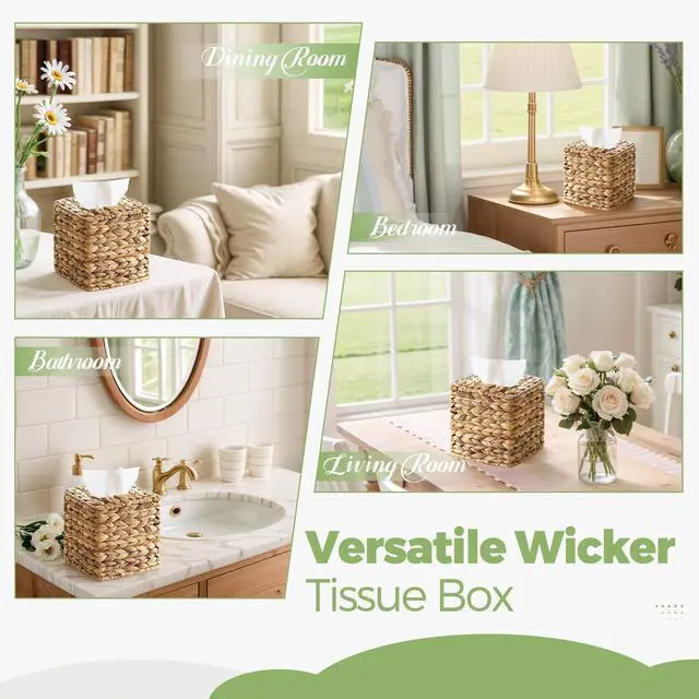 Alt view image 7 of 7 - Tissue Box Cover, Square Wicker Tissue Box Holder Facial Tissues Boxes, Hand Woven Napkin Box Tissue Holder for Bathroom Bedroom Office Table Desk Night Stand, Boho Decorative, Natural