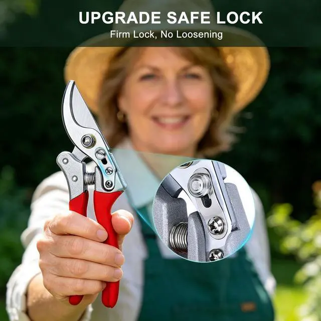 Alt view image 6 of 7 - 8.6" Professional Pruning Shears for Gardening, SK5 Stainless Steel Garden Hand Pruners for Heavy Duty Clean Cuts 4X Easier, Garden Scissors for Arthritis Left Handed, Secure Safety Lock