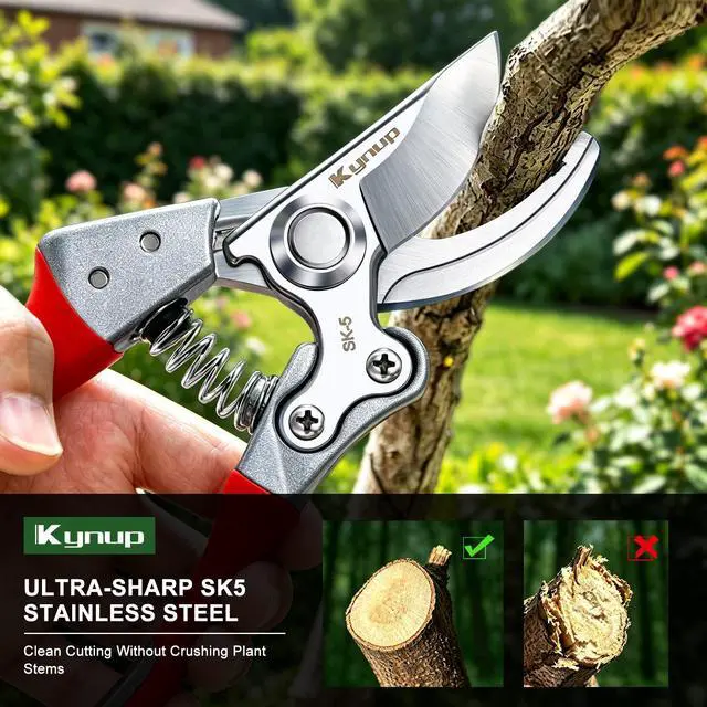 Alt view image 2 of 7 - 8.6" Professional Pruning Shears for Gardening, SK5 Stainless Steel Garden Hand Pruners for Heavy Duty Clean Cuts 4X Easier, Garden Scissors for Arthritis Left Handed, Secure Safety Lock