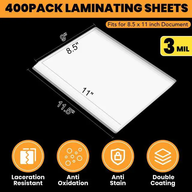 Alt view image 2 of 7 - 400 Pack 3 Mil Laminating Sheets, Holds 8.5 x 11 Inch Sheets,9 x 11.5 Inches Thermal Laminating Pouches for Laminator, Clear, Letter Size, Office and School Supplies