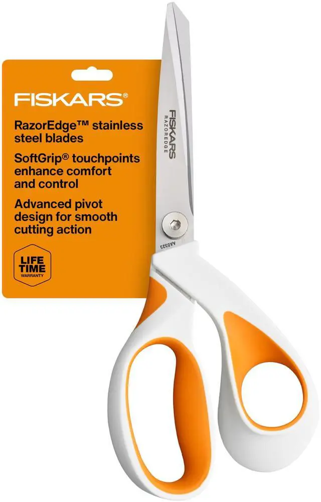 Main image of RazorEdge Fabric Scissors, Heavy Duty Fabric Shears, Ultra-Sharp Stainless Steel Blades & SoftGrip Ergonomic Handle, 8, White/Orange
