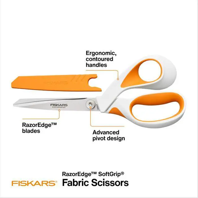Alt view image 2 of 6 - RazorEdge Fabric Scissors, Heavy Duty Fabric Shears, Ultra-Sharp Stainless Steel Blades & SoftGrip Ergonomic Handle, 8, White/Orange