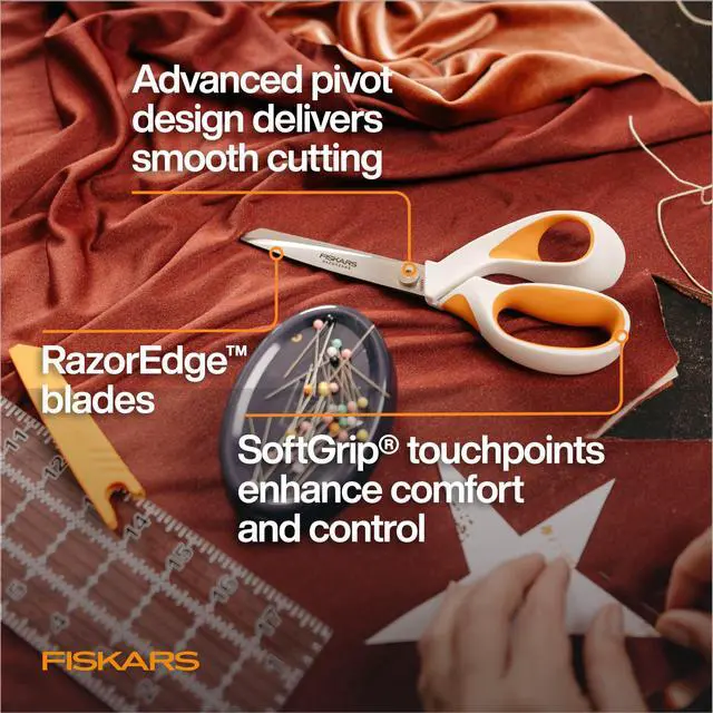 Alt view image 3 of 6 - RazorEdge Fabric Scissors, Heavy Duty Fabric Shears, Ultra-Sharp Stainless Steel Blades & SoftGrip Ergonomic Handle, 8, White/Orange