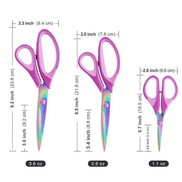 Alt view image 5 of 7 - Craft Scissors Set of 3 Pack, All Purpose Sharp Titanium Blades Shears, Comfort Grip Handle, Multipurpose Fabric Scissors Tool Great for Adults, Office, Sewing, School and Home Supplies, Purple