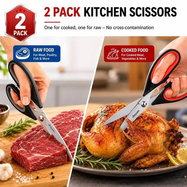 Alt view image 6 of 7 - Kitchen Scissors All Purpose Heavy Duty 2 Pack with Protective Sheath, Stainless Steel Shears Kitchen Utensils Set for Cutting Food Cooking Meat Poultry Dishwasher Safe Soft Comfort-Grip