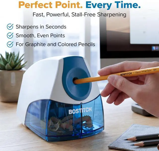 Alt view image 4 of 6 - Office Electric Pencil Sharpener for Classroom & Desk Use, Heavy-Duty Stall-Free Motor, High-Capacity Shavings Tray, Blue