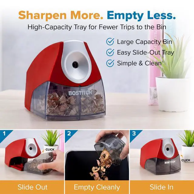 Alt view image 2 of 6 - Office Electric Pencil Sharpener for Classroom & Desk Use, Heavy-Duty Stall-Free Motor, High-Capacity Shavings Tray, Red