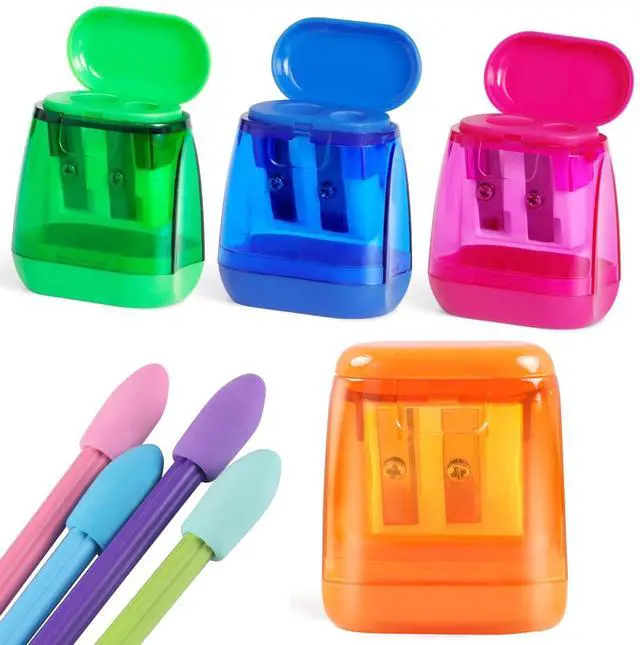 Main image of Pencil Sharpener Set (8 Pcs) 4 Dual Hole Manual Sharpeners + 4 Pencil Top Erasers, Portable Pencil Sharpeners for Kids, Students & Teens, Colored & Jumbo Pencils, School & Classroom