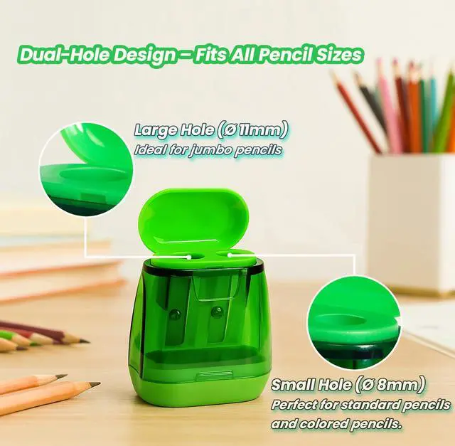 Alt view image 2 of 7 - Pencil Sharpener Set (8 Pcs) 4 Dual Hole Manual Sharpeners + 4 Pencil Top Erasers, Portable Pencil Sharpeners for Kids, Students & Teens, Colored & Jumbo Pencils, School & Classroom
