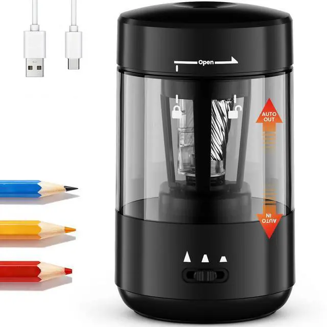 Main image of Electric Pencil Sharpener for Classroom, Fully Automatic Pencil Sharpener for 6-8mm Pencils & Colored Pencils, Auto in & Out, Type-C Rechargeable Pencil Sharpeners for Home, School, Black