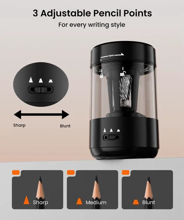 Alt view image 6 of 7 - Electric Pencil Sharpener for Classroom, Fully Automatic Pencil Sharpener for 6-8mm Pencils & Colored Pencils, Auto in & Out, Type-C Rechargeable Pencil Sharpeners for Home, School, Black