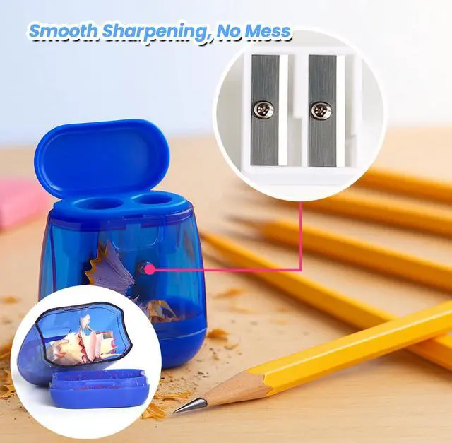 Alt view image 3 of 7 - Pencil Sharpener Set (8 Pcs) 4 Dual Hole Manual Sharpeners + 4 Pencil Top Erasers, Portable Pencil Sharpeners for Kids, Students & Teens, Colored & Jumbo Pencils, School & Classroom
