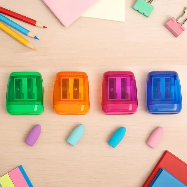 Alt view image 6 of 7 - Pencil Sharpener Set (8 Pcs) 4 Dual Hole Manual Sharpeners + 4 Pencil Top Erasers, Portable Pencil Sharpeners for Kids, Students & Teens, Colored & Jumbo Pencils, School & Classroom