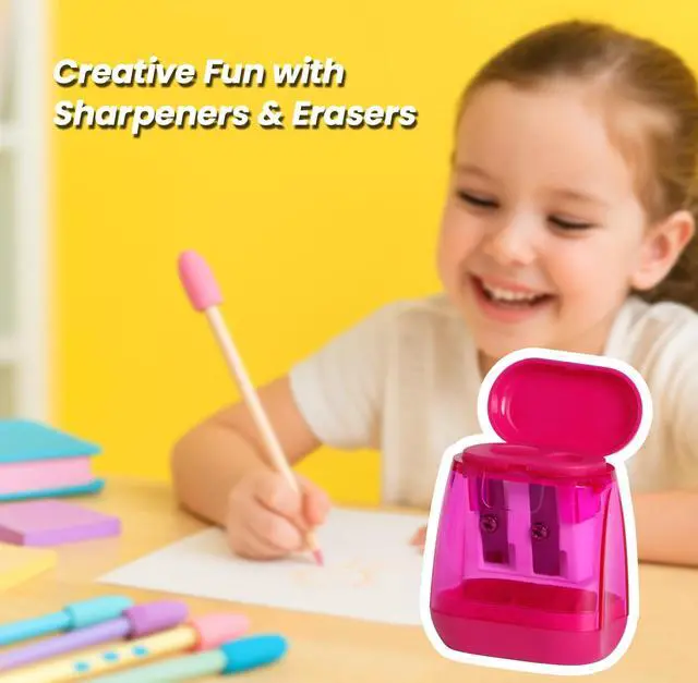 Alt view image 7 of 7 - Pencil Sharpener Set (8 Pcs) 4 Dual Hole Manual Sharpeners + 4 Pencil Top Erasers, Portable Pencil Sharpeners for Kids, Students & Teens, Colored & Jumbo Pencils, School & Classroom