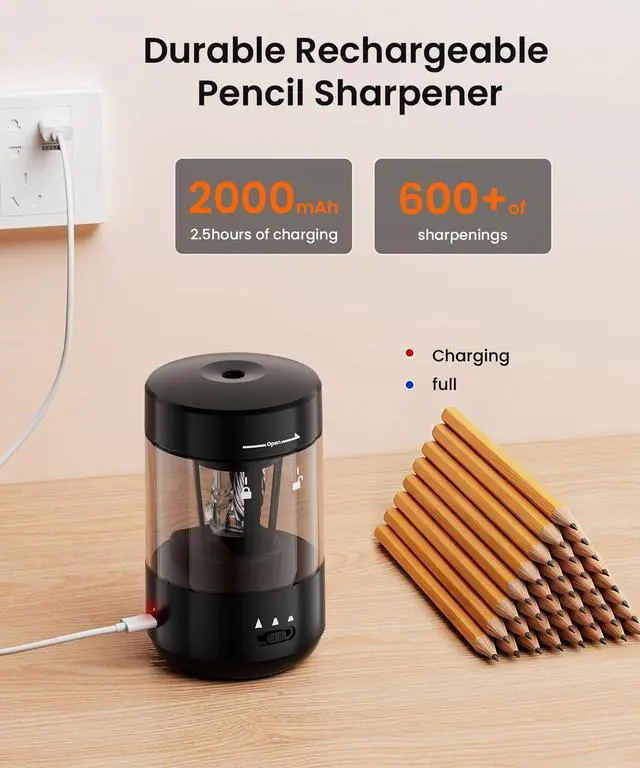 Alt view image 5 of 7 - Electric Pencil Sharpener for Classroom, Fully Automatic Pencil Sharpener for 6-8mm Pencils & Colored Pencils, Auto in & Out, Type-C Rechargeable Pencil Sharpeners for Home, School, Black