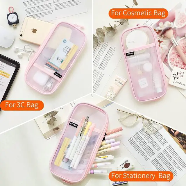 Alt view image 6 of 7 - Grid Mesh Pen Pencil Case with Zipper Clear Makeup Color Pouch Cosmetics Bag Multi-Purpose Travel School Teen Girls and Boys Transparent Stationary Bag Office Organizer Box for Adluts(Pink)