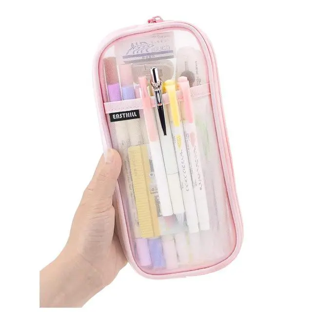 Main image of Grid Mesh Pen Pencil Case with Zipper Clear Makeup Color Pouch Cosmetics Bag Multi-Purpose Travel School Teen Girls and Boys Transparent Stationary Bag Office Organizer Box for Adluts(Pink)