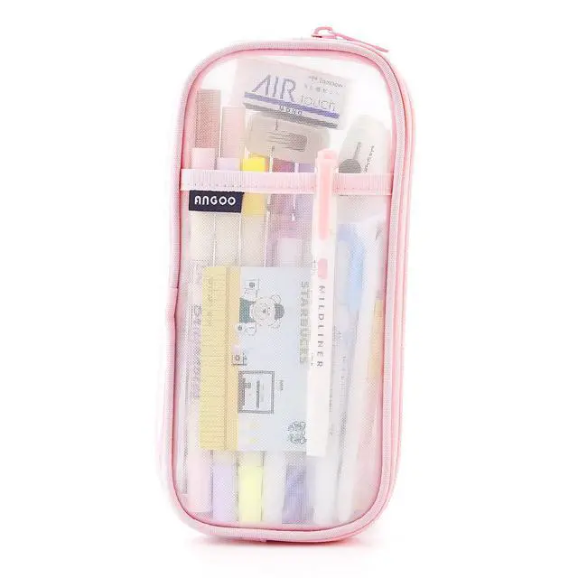 Alt view image 7 of 7 - Grid Mesh Pen Pencil Case with Zipper Clear Makeup Color Pouch Cosmetics Bag Multi-Purpose Travel School Teen Girls and Boys Transparent Stationary Bag Office Organizer Box for Adluts(Pink)