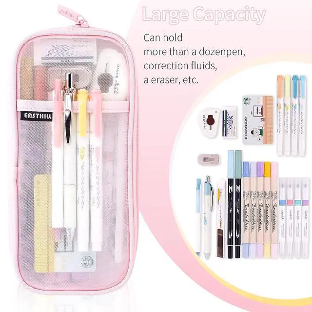 Alt view image 3 of 7 - Grid Mesh Pen Pencil Case with Zipper Clear Makeup Color Pouch Cosmetics Bag Multi-Purpose Travel School Teen Girls and Boys Transparent Stationary Bag Office Organizer Box for Adluts(Pink)