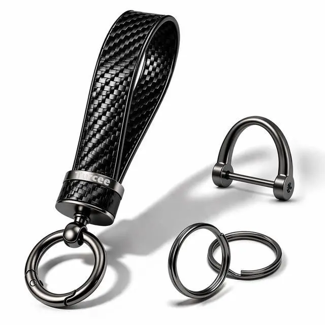 Main image of Leather Car Keychain - Carbon Fiber Interior Key Fob with Anti-Lost D-Ring - Car Accessory Key Ring (Black)