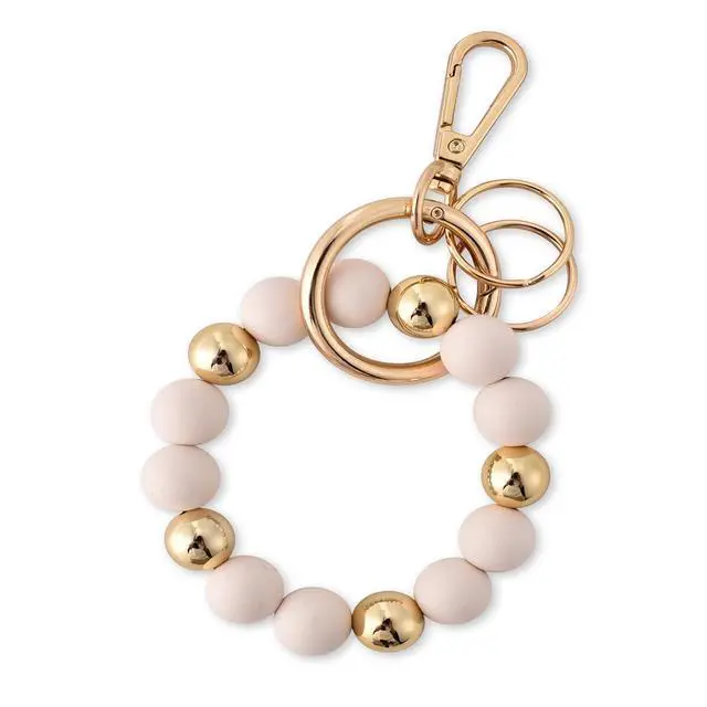 Alt view image 2 of 7 - Wristlet Keychain Silicone Beaded Key Ring Bracelet for Women Elastic Bangle Key Chain Holder (Gold bead + white bead)