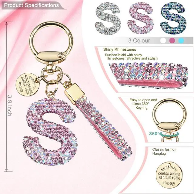 Alt view image 2 of 5 - Pink Blue White Initial Letter Keychain Gift for Women Girls Bling Sparkly Cute Backpack Car Key Accessories Lanyard (S-pink)