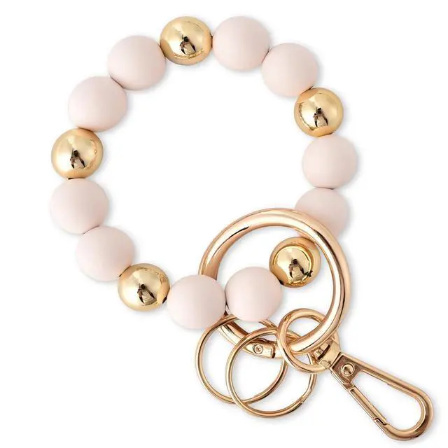 Main image of Wristlet Keychain Silicone Beaded Key Ring Bracelet for Women Elastic Bangle Key Chain Holder (Gold bead + white bead)