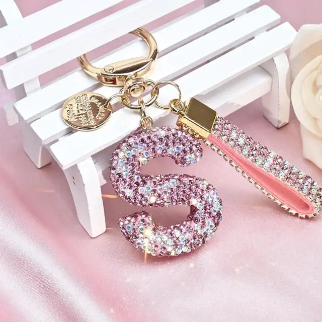 Alt view image 3 of 5 - Pink Blue White Initial Letter Keychain Gift for Women Girls Bling Sparkly Cute Backpack Car Key Accessories Lanyard (S-pink)