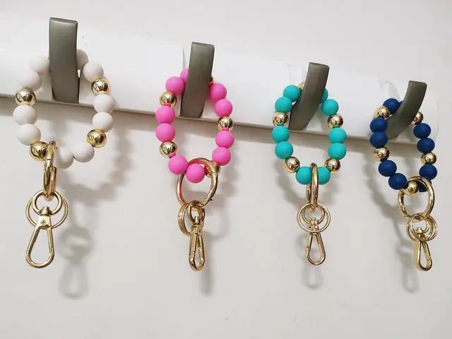 Alt view image 6 of 7 - Wristlet Keychain Silicone Beaded Key Ring Bracelet for Women Elastic Bangle Key Chain Holder (Gold bead + white bead)