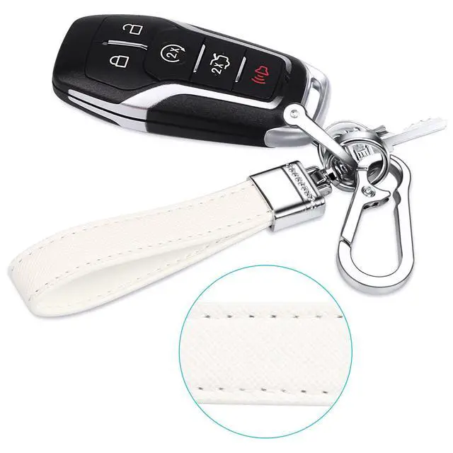 Alt view image 5 of 6 - Genuine Leather Car Keychain,Universal Heavy Duty Metal Key Chain Accessories,Car Fob Key Keychain Holder with 360 Degree Rotatable Snap Swivel and Anti-Lost D-Ring for Men Women(White)