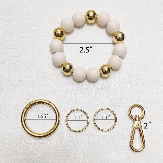 Alt view image 3 of 7 - Wristlet Keychain Silicone Beaded Key Ring Bracelet for Women Elastic Bangle Key Chain Holder (Gold bead + white bead)