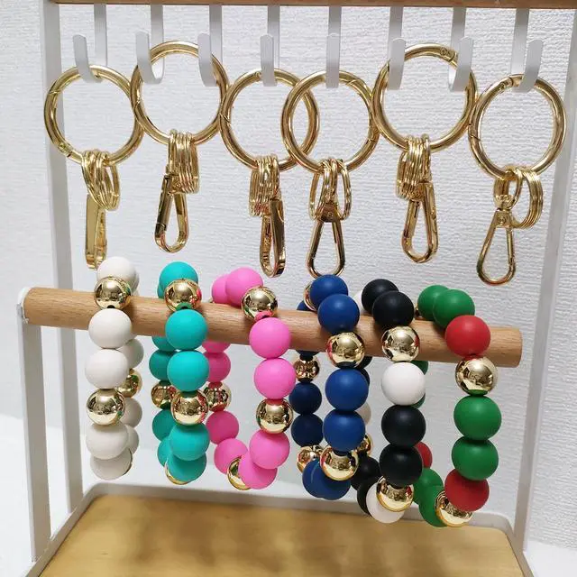 Alt view image 4 of 7 - Wristlet Keychain Silicone Beaded Key Ring Bracelet for Women Elastic Bangle Key Chain Holder (Gold bead + white bead)