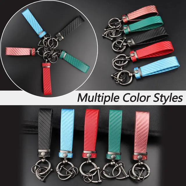 Alt view image 5 of 7 - Leather Car Keychain - Carbon Fiber Interior Key Fob with Anti-Lost D-Ring - Car Accessory Key Ring (Black)
