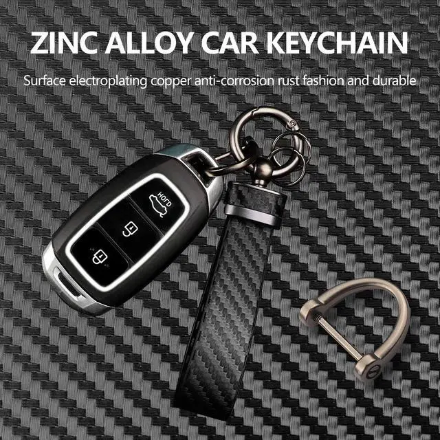 Alt view image 3 of 7 - Leather Car Keychain - Carbon Fiber Interior Key Fob with Anti-Lost D-Ring - Car Accessory Key Ring (Black)