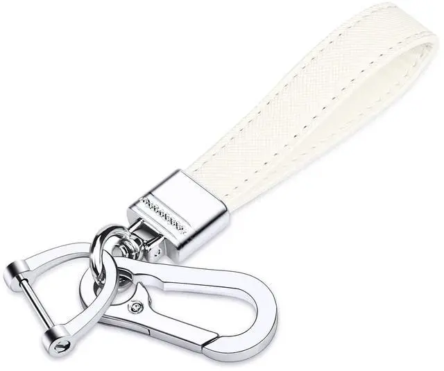 Main image of Genuine Leather Car Keychain,Universal Heavy Duty Metal Key Chain Accessories,Car Fob Key Keychain Holder with 360 Degree Rotatable Snap Swivel and Anti-Lost D-Ring for Men Women(White)