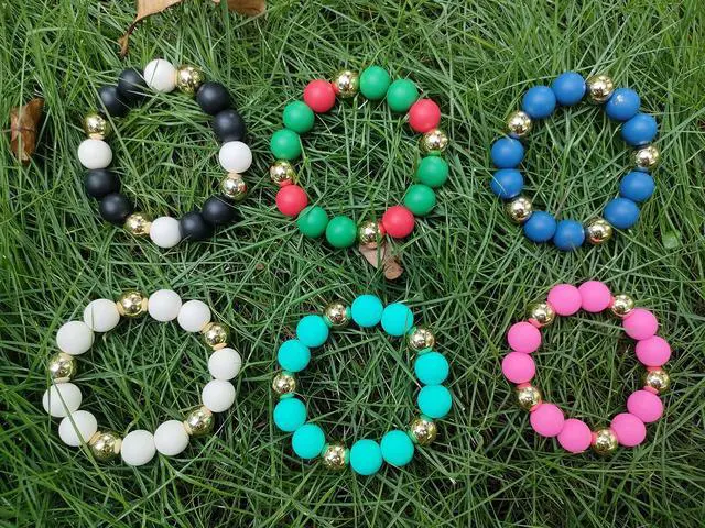 Alt view image 5 of 7 - Wristlet Keychain Silicone Beaded Key Ring Bracelet for Women Elastic Bangle Key Chain Holder (Gold bead + white bead)